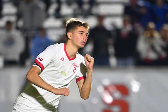 Indiana defender Joey Maher (2) reacts after making a penalty kick in the NCAA College Cup championship game against Syracuse. (USA TODAY Sports)